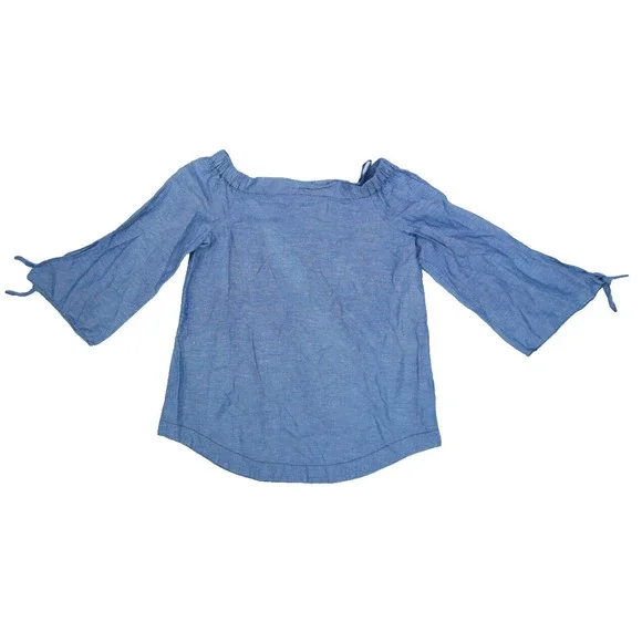 Free People Blue Cotton Linen Blend Show Some Shoulder Chambray Top Womens S - Picture 1 of 7